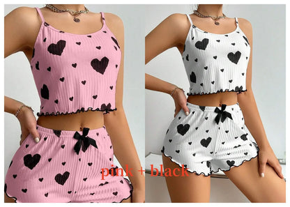 Women's Pajamas Set Sleepwear 2 PCS Short Tank Tops And Shorts S M L White Ventilate Soft Casual Love Printing - Prolificstore