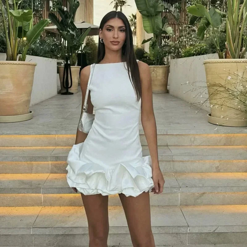 HXAO White Short Dress Women's Ruffle Backless Party Dresses Black Red Sleeveless Bodycon Mini Dress Woman Summer Sexy Vestidos - Prolificstore