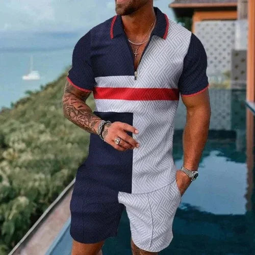 Summer New Men's 3D Printing Short Sleeve Zipper Polo Shirt Shorts Set  Men Casual  2-piece Vacation Beach Set - Prolificstore