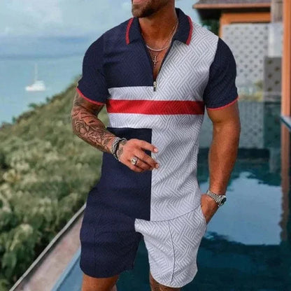 Summer New Men's 3D Printing Short Sleeve Zipper Polo Shirt Shorts Set  Men Casual  2-piece Vacation Beach Set - Prolificstore