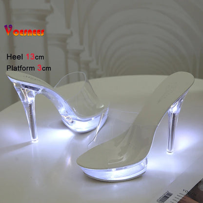 Summer Led Illuminated Women Slippers Super High Heel 13cm Crystal Ankle Buckle Sandals Transparent Platform Female Party Shoes