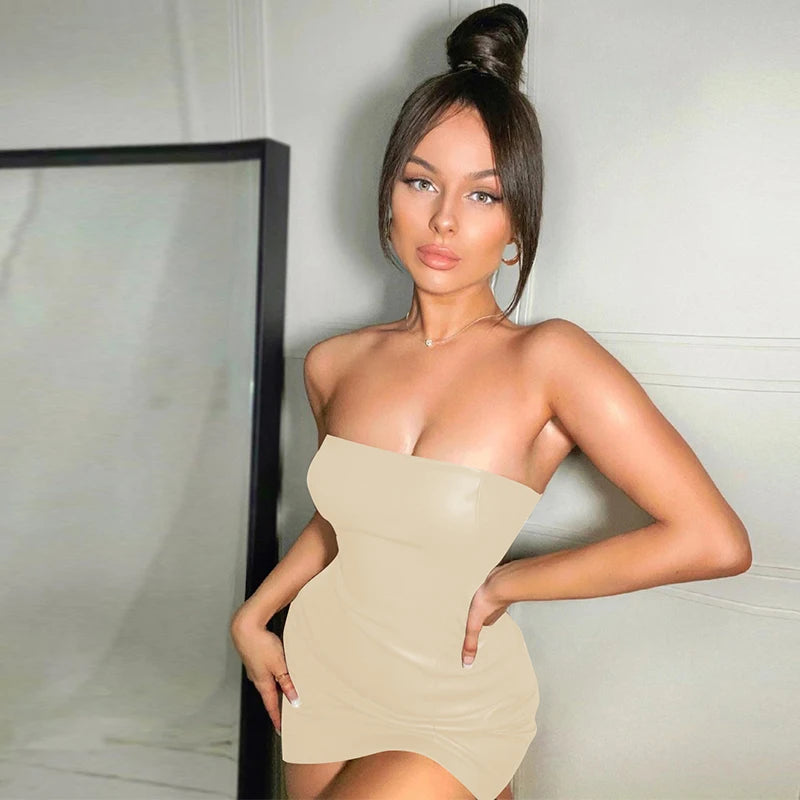 Hugcitar Pu Faux Leather Tube Mini Dress For Women Bodycon Sexy Streetwear Party Club Y2K Clothing Outfits Festival - Prolificstore