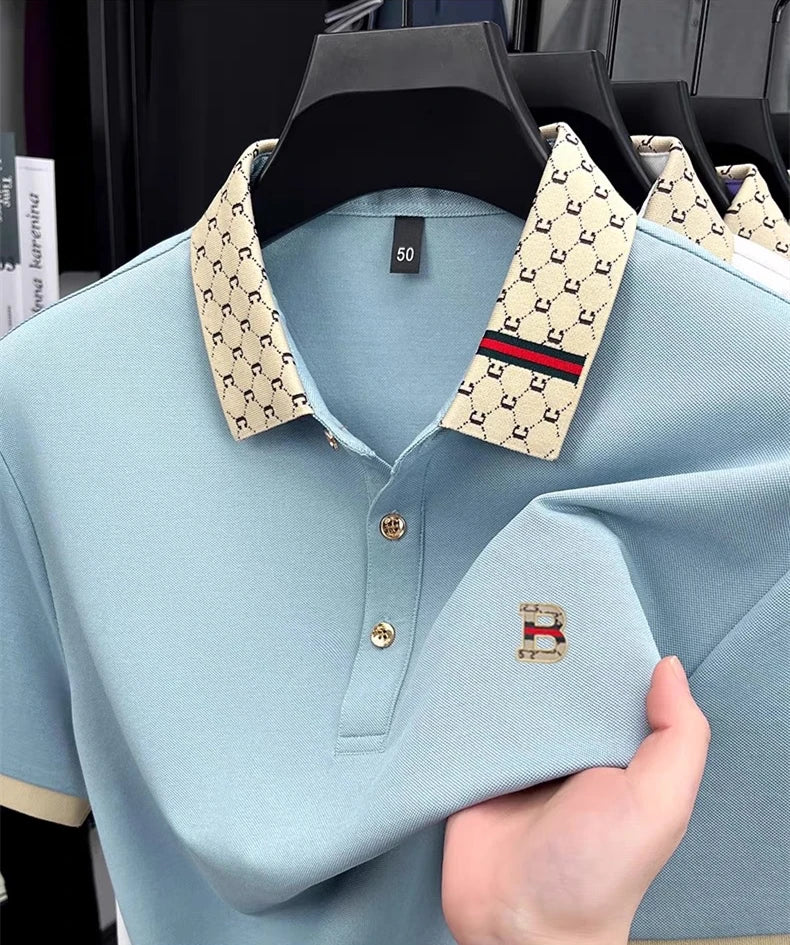 Luxury brand B letter embossed short sleeve polo shirt men summer lightweight breathable new fashion color blocked lapel T-shirt - Prolificstore