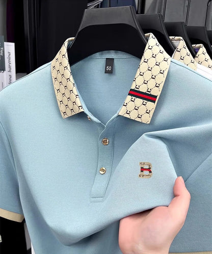 Luxury brand B letter embossed short sleeve polo shirt men summer lightweight breathable new fashion color blocked lapel T-shirt - Prolificstore