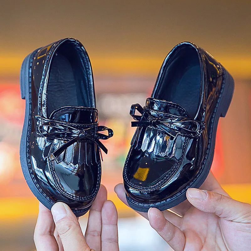 Girls Casual Leather Shoes Kids Flats Tassels with Bow-knot British Style Soft Slip-on Loafers for Wedding Party Bright Skin New - Prolificstore