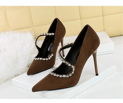 Gorgeous Women's Pumps Rhinestone Chain One Word Strap Design Fashion  Angola Red 10cm High Heels Ladies Nightclub Single Shoes - Prolificstore