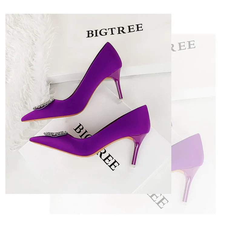 2025 New Shallow Mouth Women's Pumps Fashion Satin Rhinestone Round Buckle Stiletto Solid Color Pointed Sexy Ladies Single Shoes