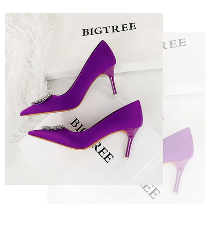 2025 New Shallow Mouth Women's Pumps Fashion Satin Rhinestone Round Buckle Stiletto Solid Color Pointed Sexy Ladies Single Shoes