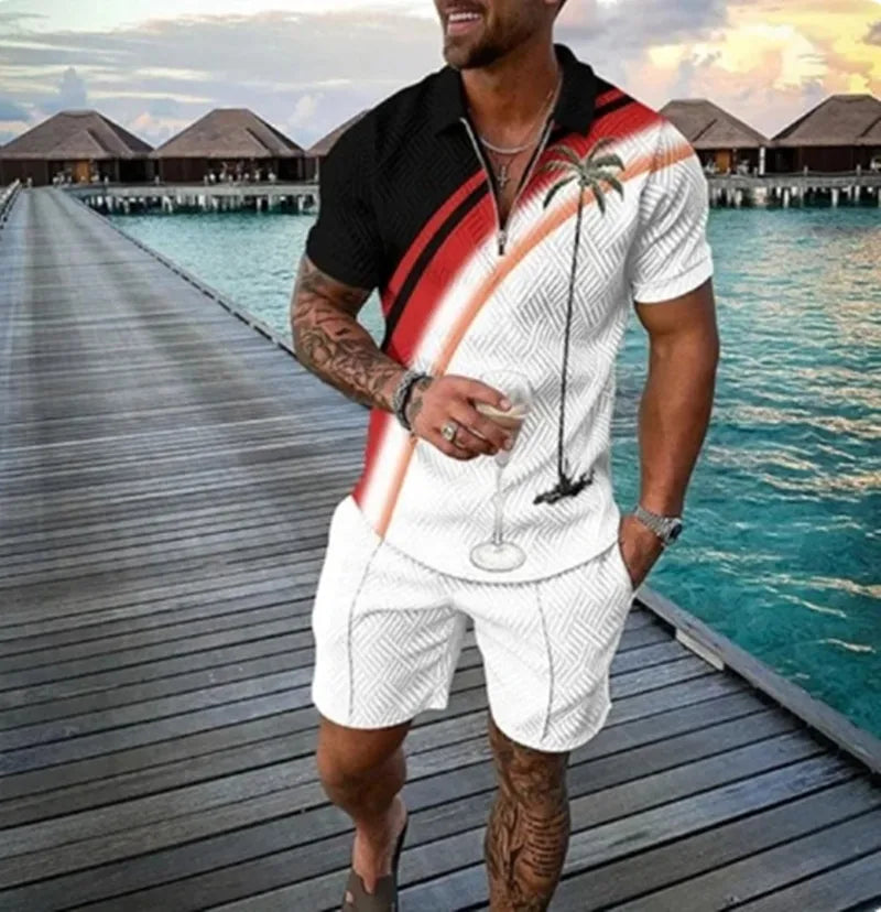 Summer New Men's 3D Printing Short Sleeve Zipper Polo Shirt Shorts Set  Men Casual  2-piece Vacation Beach Set - Prolificstore