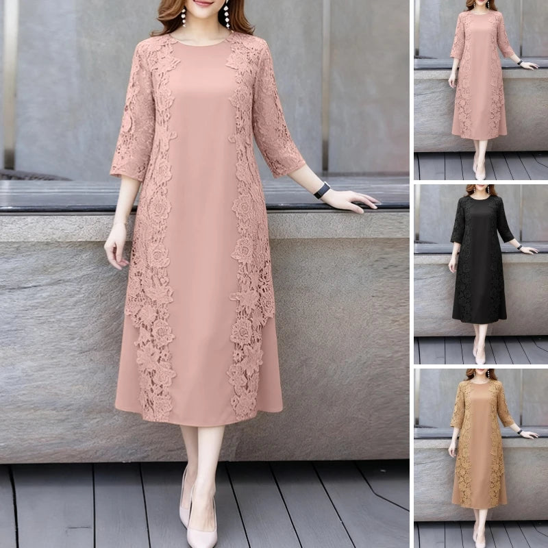 ZANZEA Women Stylish Lace Patchwork Dresses 2025 Autumn 3/4 Sleeve Office Sundress Embroidered Midi Robe Elegant Party Dress - Prolificstore