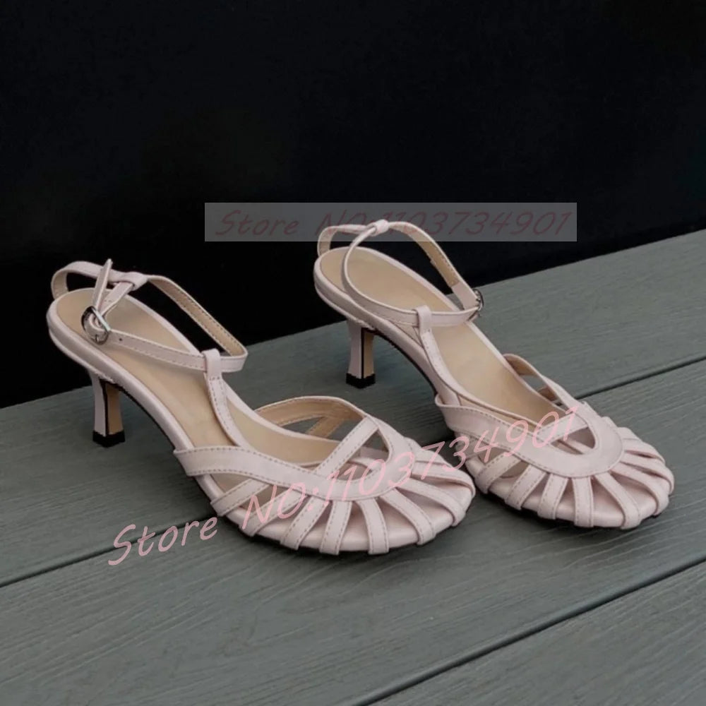 Red Caged Toe Sandals Women Sexy T-bar Round Toe Ankle Strap High Heels Shoes Ladies Casual Patent Leather Sandals
