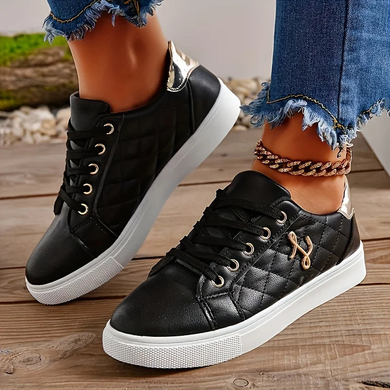 Fashion Lightweight Women's Sneakers - Black, White and Gold Embellished, Lace-Up Low-Top Casual Shoes for All Seasons - Prolificstore