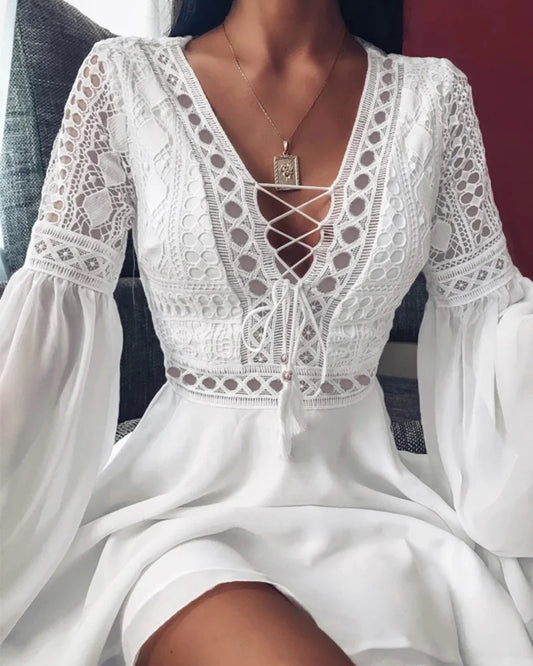 Women's A Line Dress Short Mini Dress White Black Red Long Sleeve Solid Color Ruffle Patchwork Chiffon Spring Summer Slim V Neck - Prolificstore