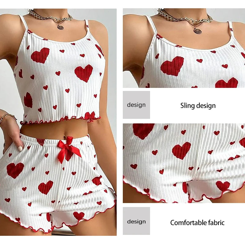 Women's Pajamas Set Sleepwear 2 PCS Short Tank Tops And Shorts S M L White Ventilate Soft Casual Love Printing - Prolificstore