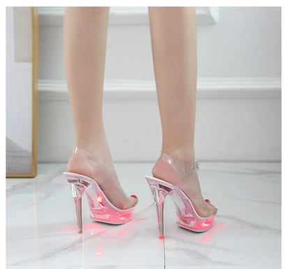 Summer Led Illuminated Women Slippers Super High Heel 13cm Crystal Ankle Buckle Sandals Transparent Platform Female Party Shoes