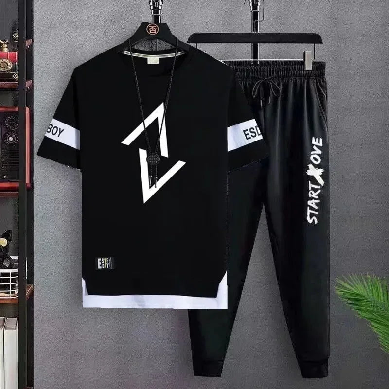 Hot selling new men's casual sports set fashionable and trendy printed versatile round neck T-shirt+sports pants two-piece set - Prolificstore