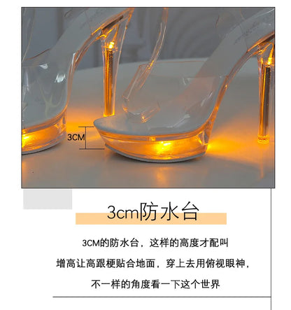 Summer Led Illuminated Women Slippers Super High Heel 13cm Crystal Ankle Buckle Sandals Transparent Platform Female Party Shoes