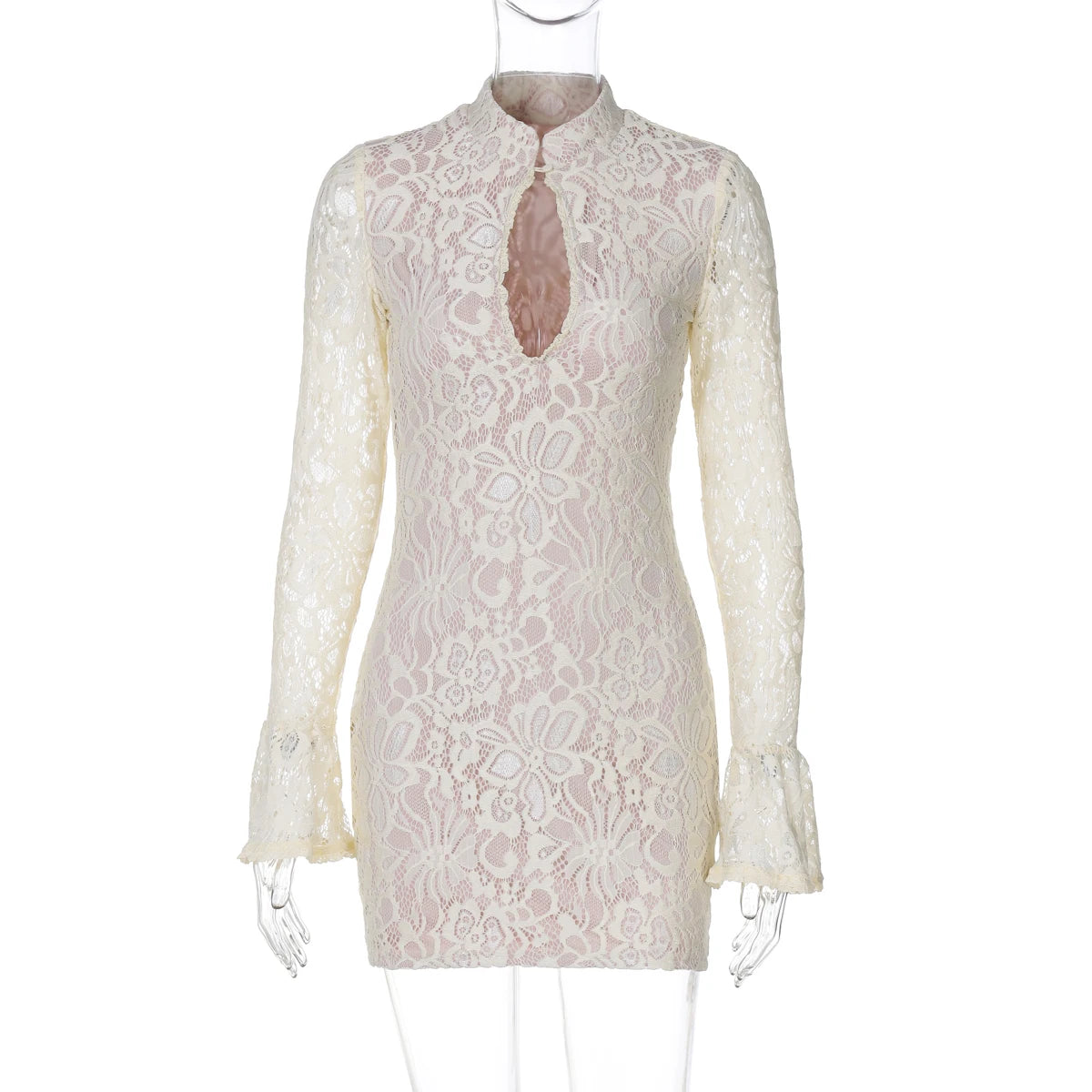 Hugcitar Turtleneck Long Flare Sleeve Patchwork Lace Hollow Out Button Sexy Mini Dress 2025 Spring Women Clothes Party Nightclub - Prolificstore