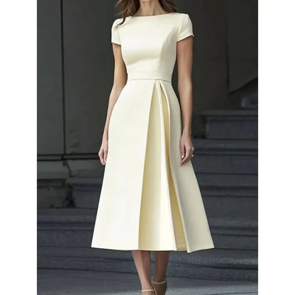 Formal Pleated Dresses Woman 2026 Spring Summer Apricot Short Sleeve High Waist Bridal Guest Elegant Long Dress 197365 - Prolificstore