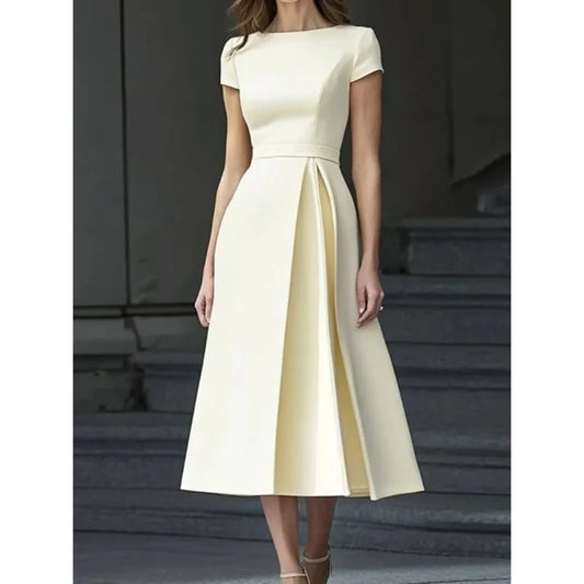 Formal Pleated Dresses Woman 2026 Spring Summer Apricot Short Sleeve High Waist Bridal Guest Elegant Long Dress 197365