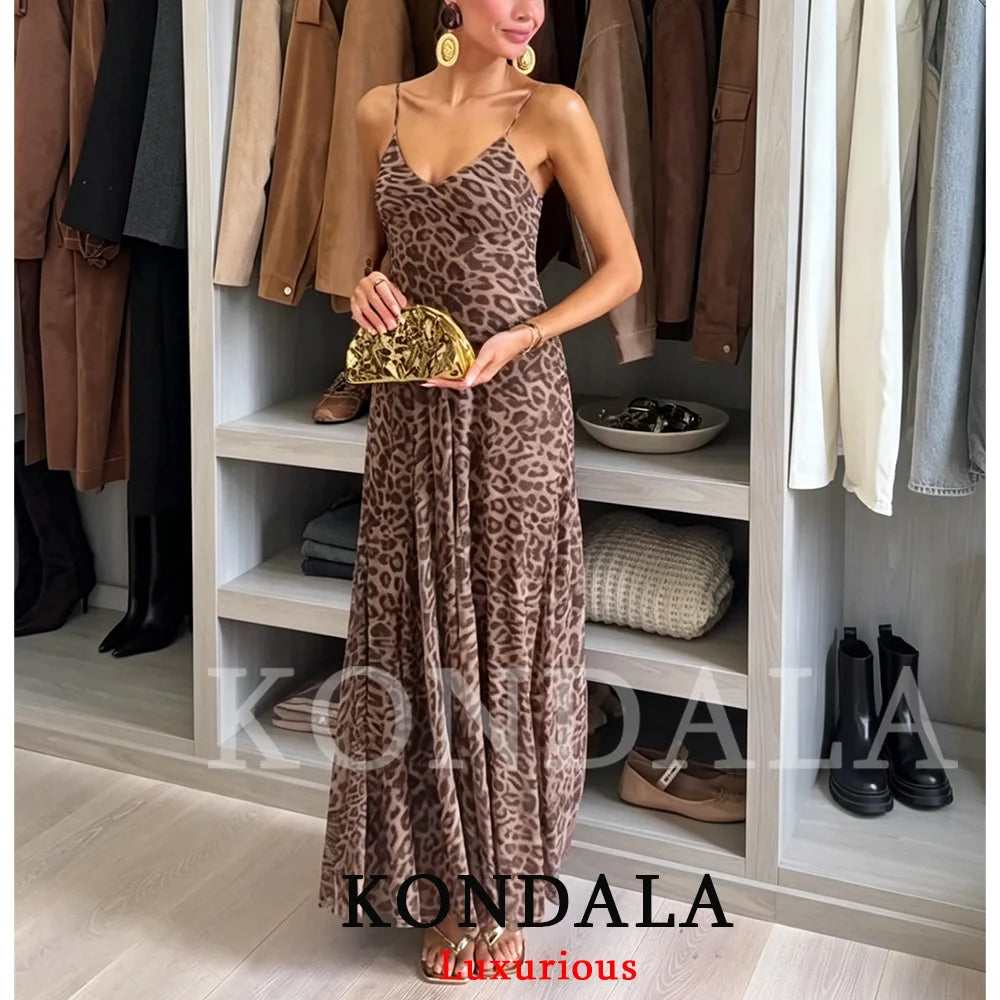 KONDALA Vintage Sexy Women Long Cami Chiffon Dress Leopard Beach Holiday Party Dress Fashion 2026 Spring Summer Elegant Dress - Prolificstore