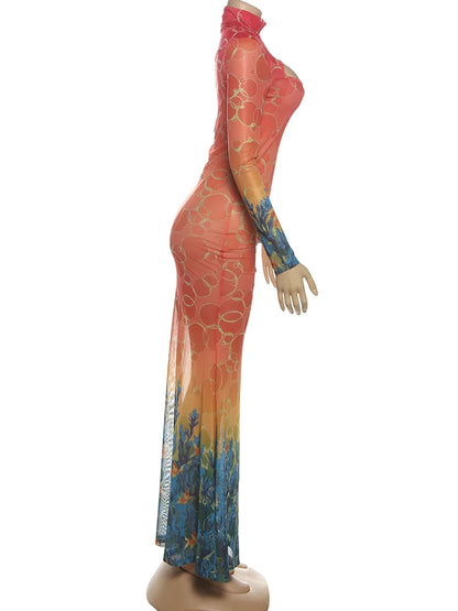 kliou Mesh Panelled Women Maxi Dress Sexy Stunning Point Print Full Sleeve O-neck Sheath Robe Mujer Hipster Festival Party Frock - Prolificstore