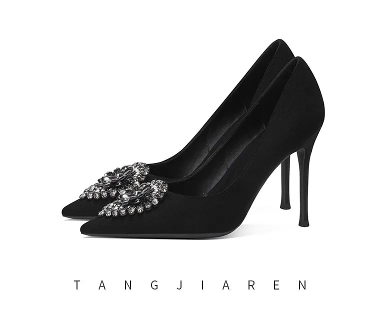 Black Velvet Womens High Heels Elegant Stiletto Pointed Toe Cover Heel Round Flower Pumps Rhinestone Satin Spring Autumn Shoes