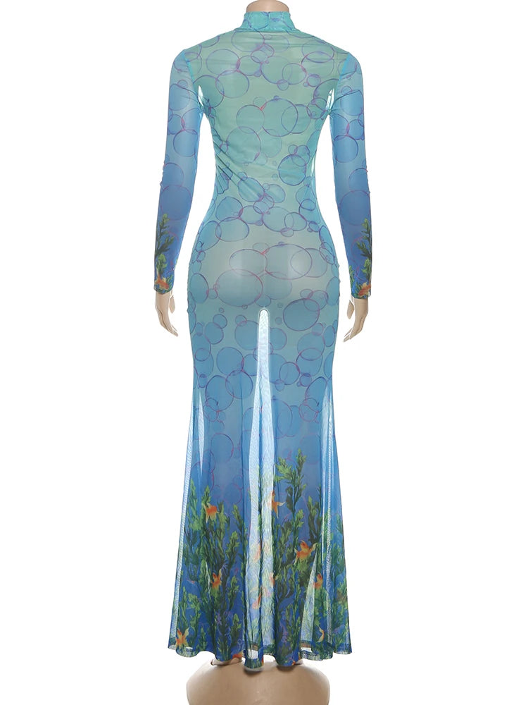 kliou Mesh Panelled Women Maxi Dress Sexy Stunning Point Print Full Sleeve O-neck Sheath Robe Mujer Hipster Festival Party Frock - Prolificstore