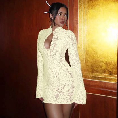 Hugcitar Turtleneck Long Flare Sleeve Patchwork Lace Hollow Out Button Sexy Mini Dress 2025 Spring Women Clothes Party Nightclub - Prolificstore