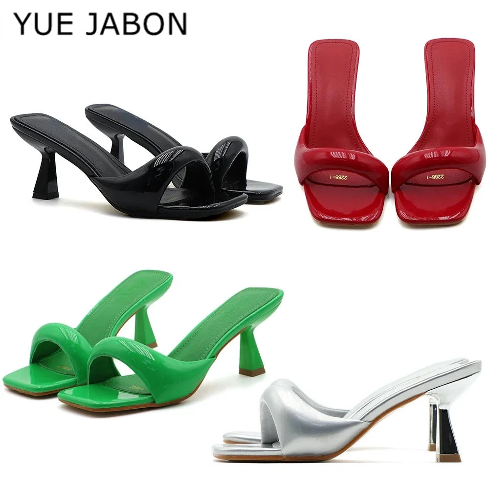 Black Red High Heel Slippers Women Open Toe Slingback Sandals Female Pumps Square Toe Summer Simple Designer Heeled Sandals - Prolificstore