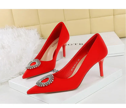 2025 New Shallow Mouth Women's Pumps Fashion Satin Rhinestone Round Buckle Stiletto Solid Color Pointed Sexy Ladies Single Shoes