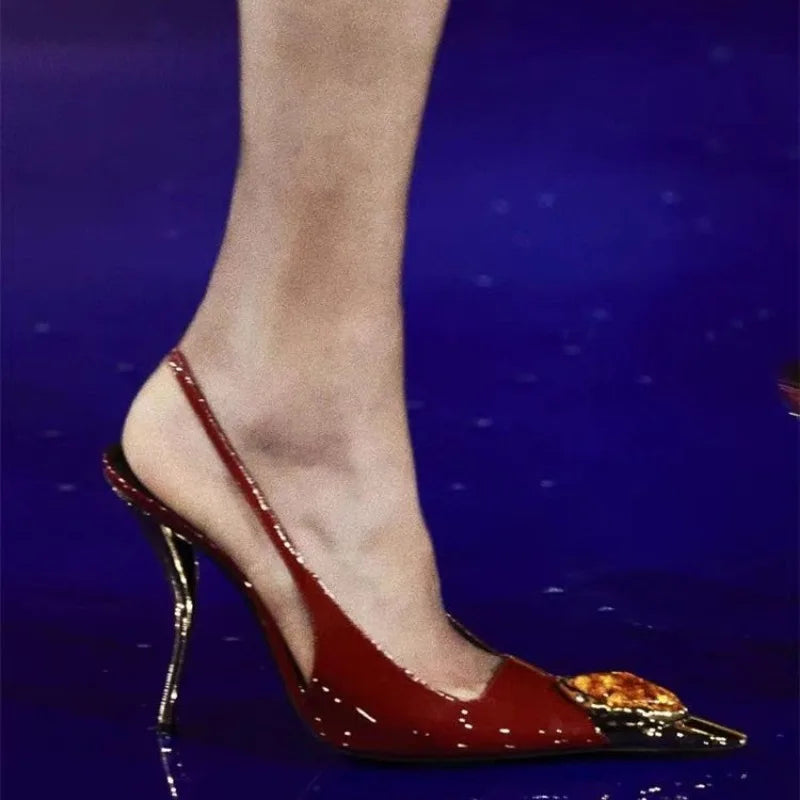 Ladies' Elegant Retro Pointed-toe Shallow Mouth Gemstone High-heeled New Metal Patent Leather One-strap Heel Sandals