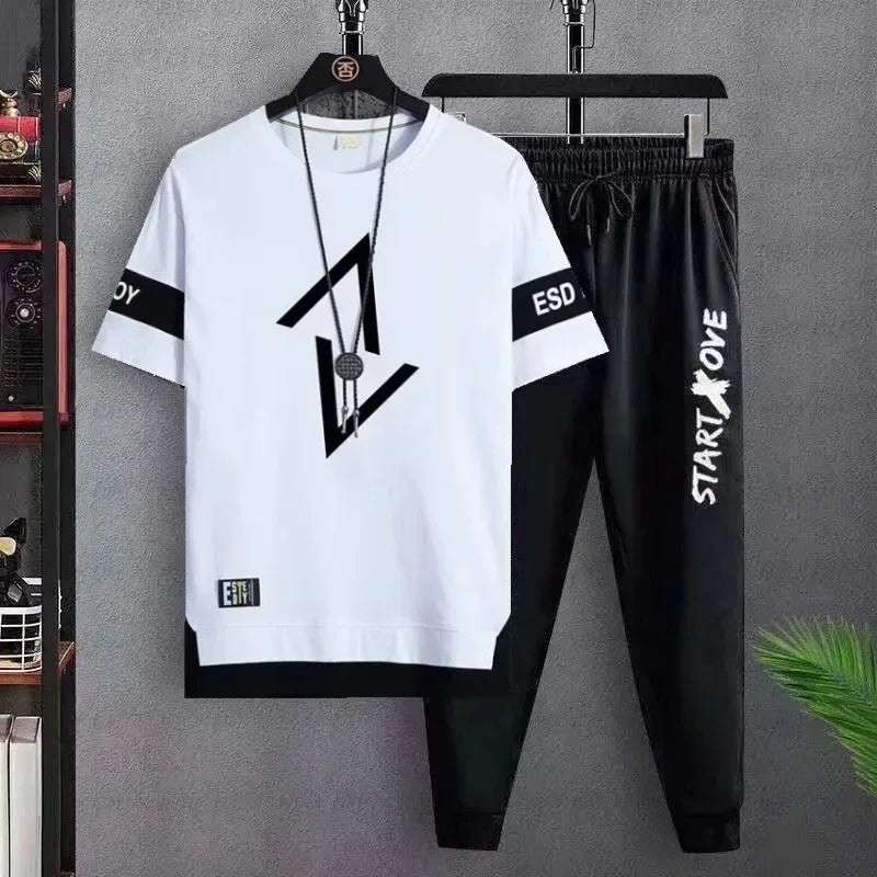 Hot selling new men's casual sports set fashionable and trendy printed versatile round neck T-shirt+sports pants two-piece set - Prolificstore