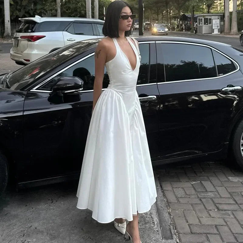 Talenza Backless Deep V Spliced Long Dress Summer Women's Sexy Party Dress Halter New Fashion Slim White Sleeveless Long Dress
