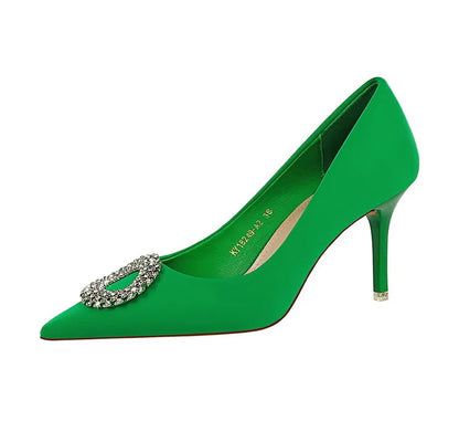2025 New Shallow Mouth Women's Pumps Fashion Satin Rhinestone Round Buckle Stiletto Solid Color Pointed Sexy Ladies Single Shoes