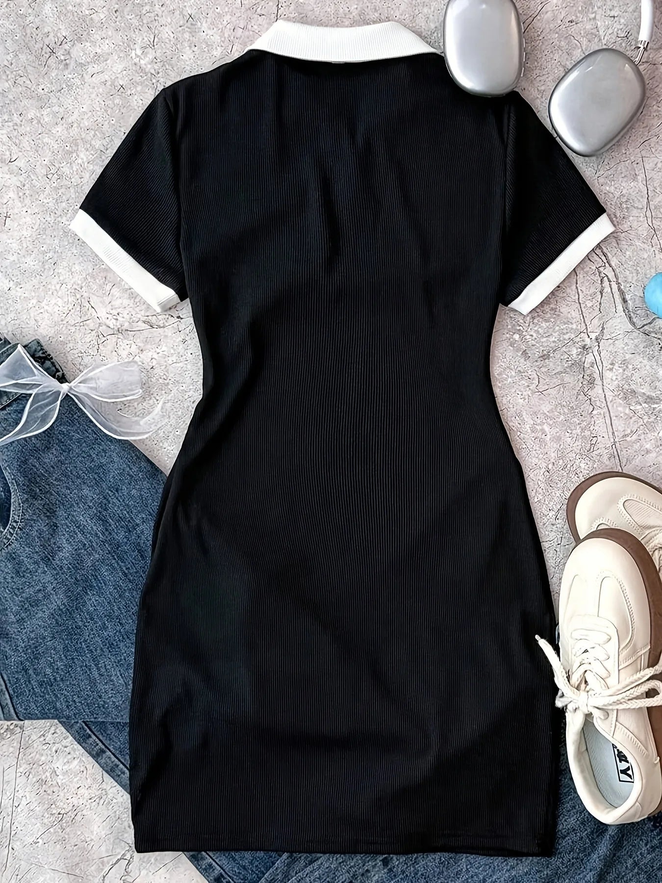 Trendy Girls Y2K Contrast Trim Polo Collar Bow Detail Bodycon Mini Dress Summer Casual Streetwear Daily Date Slim Fit Outfit