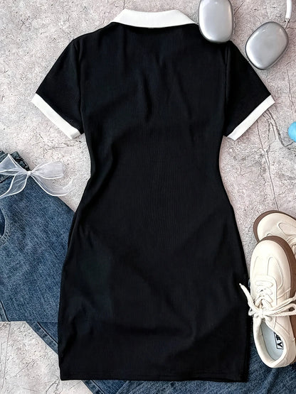 Trendy Girls Y2K Contrast Trim Polo Collar Bow Detail Bodycon Mini Dress Summer Casual Streetwear Daily Date Slim Fit Outfit