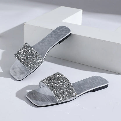Women's Fashion Silver Sequin Flat Sandals 2025 Summer Open Toe Outdoor Slippers Woman Plus Size 43 Footwear Zapatos De Mujer