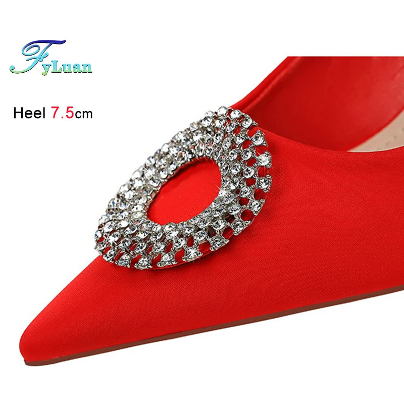 2025 New Shallow Mouth Women's Pumps Fashion Satin Rhinestone Round Buckle Stiletto Solid Color Pointed Sexy Ladies Single Shoes