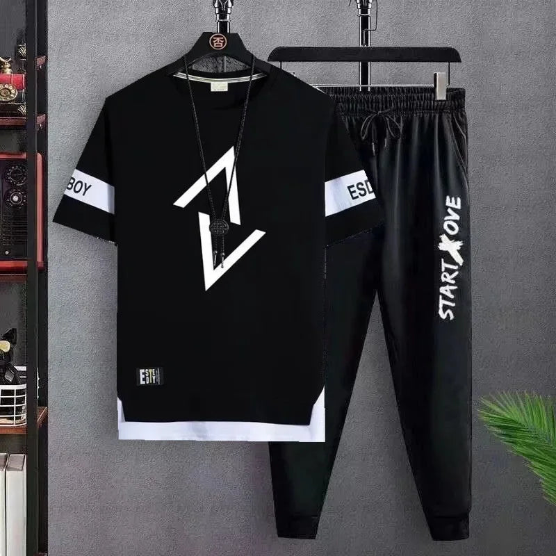 Hot selling new men's casual sports set fashionable and trendy printed versatile round neck T-shirt+sports pants two-piece set - Prolificstore