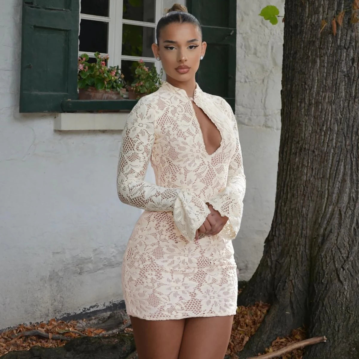 Hugcitar Turtleneck Long Flare Sleeve Patchwork Lace Hollow Out Button Sexy Mini Dress 2025 Spring Women Clothes Party Nightclub - Prolificstore