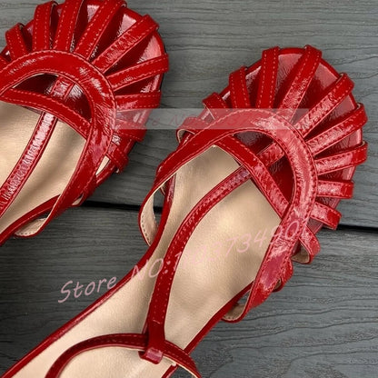 Red Caged Toe Sandals Women Sexy T-bar Round Toe Ankle Strap High Heels Shoes Ladies Casual Patent Leather Sandals