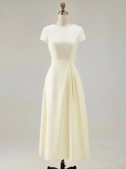Formal Pleated Dresses Woman 2026 Spring Summer Apricot Short Sleeve High Waist Bridal Guest Elegant Long Dress 197365 - Prolificstore