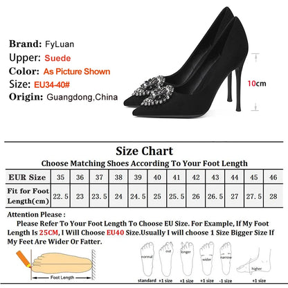 Black Velvet Womens High Heels Elegant Stiletto Pointed Toe Cover Heel Round Flower Pumps Rhinestone Satin Spring Autumn Shoes