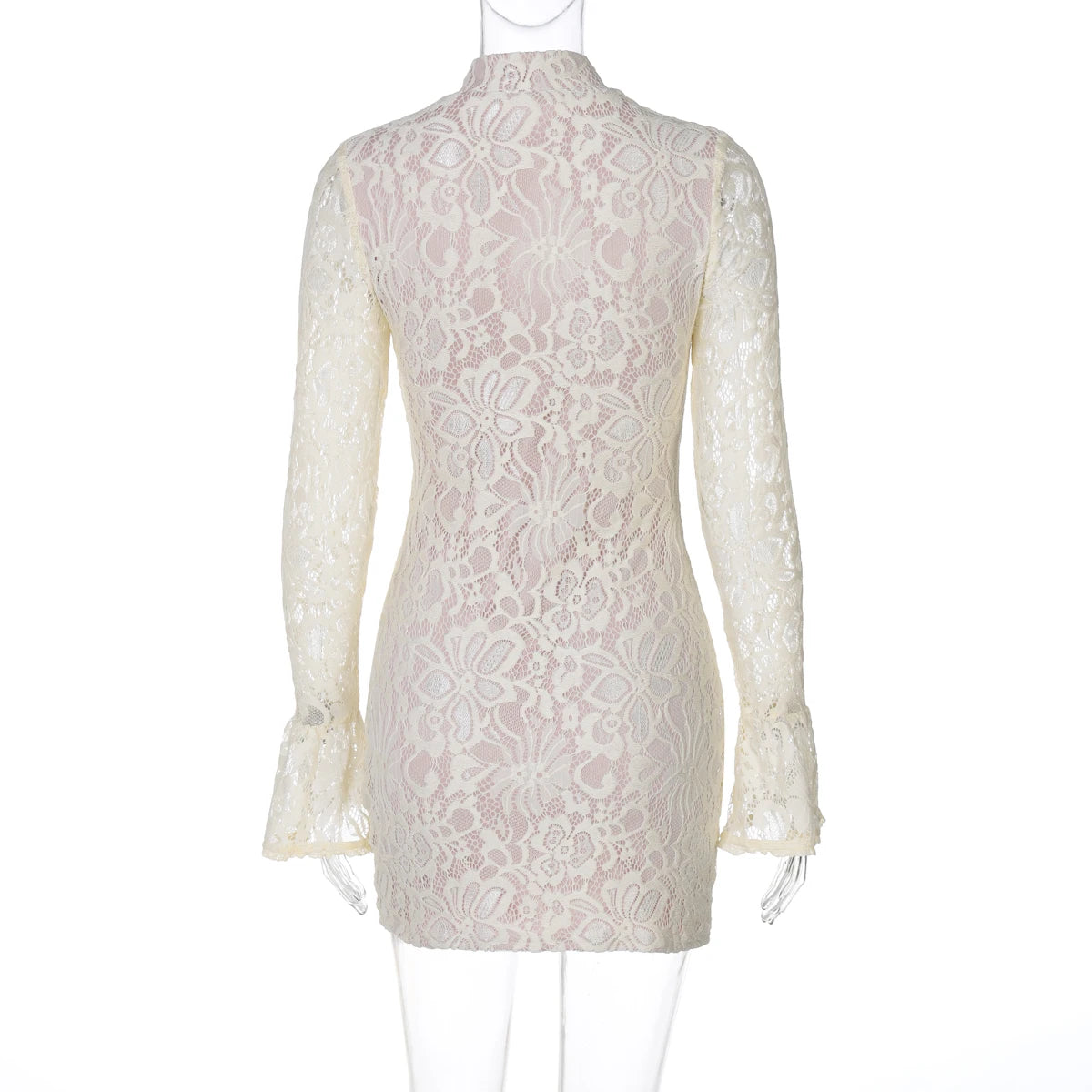 Hugcitar Turtleneck Long Flare Sleeve Patchwork Lace Hollow Out Button Sexy Mini Dress 2025 Spring Women Clothes Party Nightclub - Prolificstore