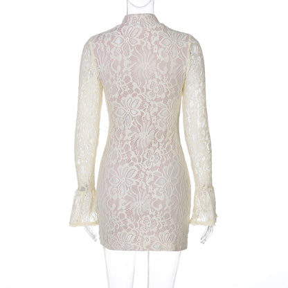 Hugcitar Turtleneck Long Flare Sleeve Patchwork Lace Hollow Out Button Sexy Mini Dress 2025 Spring Women Clothes Party Nightclub - Prolificstore