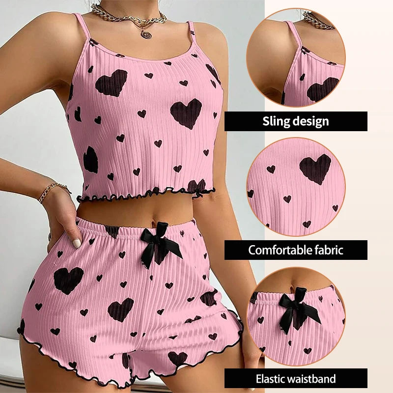 Women's Pajamas Set Sleepwear 2 PCS Short Tank Tops And Shorts S M L White Ventilate Soft Casual Love Printing - Prolificstore