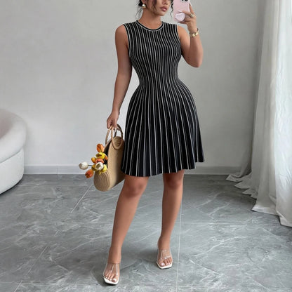 Women's Black Striped Sleeveless Crew Neck Elastic Sundress Ribbed Knit A-Line Mini Dress Casual Summer Party Vacation Dress