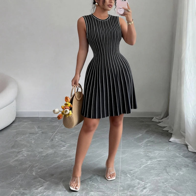 Women's Black Striped Sleeveless Crew Neck Elastic Sundress Ribbed Knit A-Line Mini Dress Casual Summer Party Vacation Dress