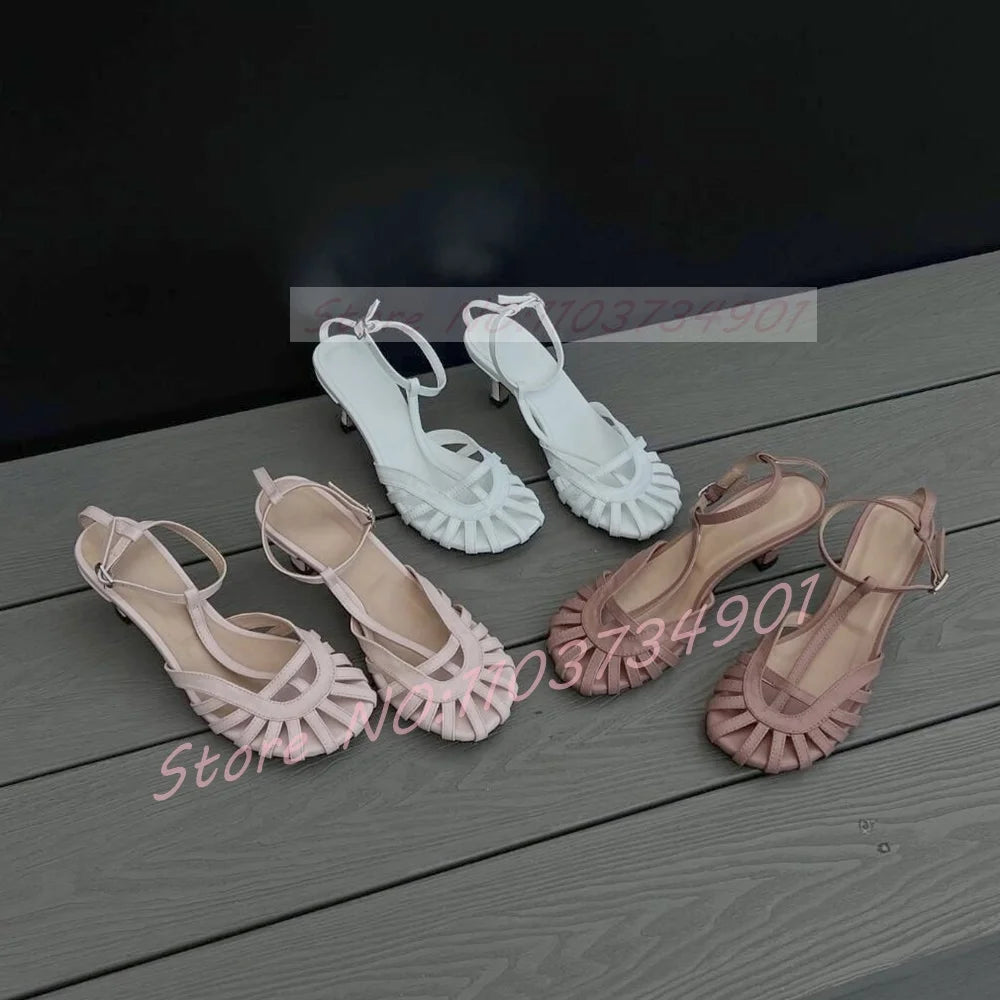 Red Caged Toe Sandals Women Sexy T-bar Round Toe Ankle Strap High Heels Shoes Ladies Casual Patent Leather Sandals